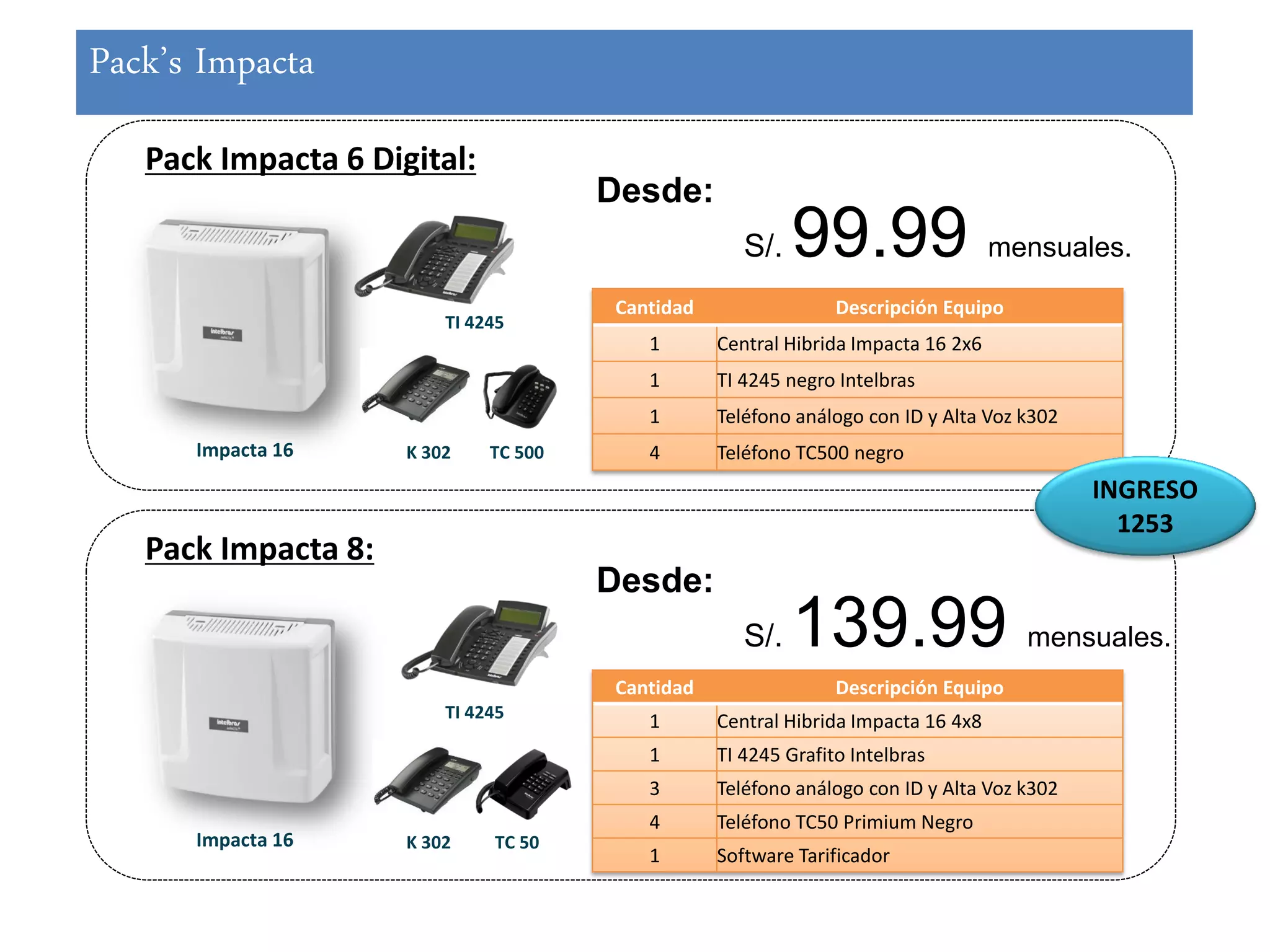 Pack’s Impacta
   Pack Impacta 6 Digital:
                                       Desde:
                                                     S/.   99.99                   mensuales.

                                       Cantidad                 Descripción Equipo
                         TI 4245
                                          1       Central Hibrida Impacta 16 2x6
                                          1       TI 4245 negro Intelbras
                                          1       Teléfono análogo con ID y Alta Voz k302
      Impacta 16     K 302    TC 500      4       Teléfono TC500 negro
                                                                                            INGRESO
                                                                                              1253
   Pack Impacta 8:
                                       Desde:
                                                     S/.   139.99                    mensuales.
                                       Cantidad                 Descripción Equipo
                         TI 4245          1       Central Hibrida Impacta 16 4x8
                                          1       TI 4245 Grafito Intelbras
                                          3       Teléfono análogo con ID y Alta Voz k302
                                          4       Teléfono TC50 Primium Negro
      Impacta 16     K 302    TC 50
                                          1       Software Tarificador
 