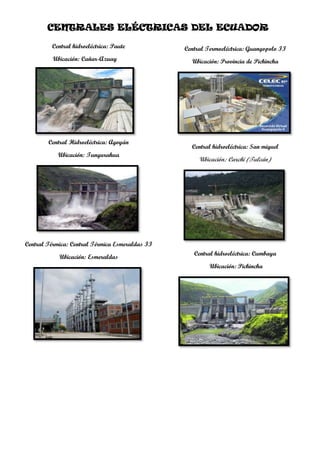Central hidroeléctrica: Paute
Ubicación: Cañar-Azuay
Central Hidroeléctrica: Agoyán
Ubicación: Tungurahua
Central Térmica: Central Térmica Esmeraldas II
Ubicación: Esmeraldas
Central Termoeléctrica: Guangopolo II
Ubicación: Provincia de Pichincha
Central hidroeléctrica: San miguel
Ubicación: Carchi (Tulcán)
Central hidroeléctrica: Cumbaya
Ubicación: Pichincha
CENTRALES ELÉCTRICAS DEL ECUADOR
 