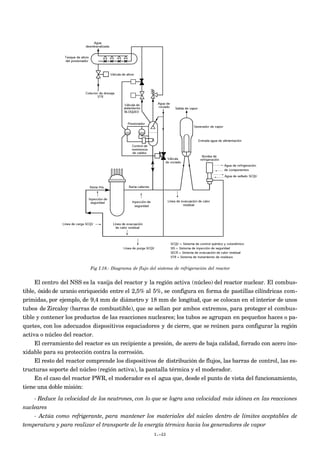 Fig I.18.- Diagrama de flujo del sistema de refrigeración del reactor
El centro del NSS es la vasija del reactor y la región activa (núcleo) del reactor nuclear. El combus-
tible, óxido de uranio enriquecido entre el 2,5% al 5%, se configura en forma de pastillas cilíndricas com-
primidas, por ejemplo, de 9,4 mm de diámetro y 18 mm de longitud, que se colocan en el interior de unos
tubos de Zircaloy (barras de combustible), que se sellan por ambos extremos, para proteger el combus-
tible y contener los productos de las reacciones nucleares; los tubos se agrupan en pequeños haces o pa-
quetes, con los adecuados dispositivos espaciadores y de cierre, que se reúnen para configurar la región
activa o núcleo del reactor.
El cerramiento del reactor es un recipiente a presión, de acero de baja calidad, forrado con acero ino-
xidable para su protección contra la corrosión.
El resto del reactor comprende los dispositivos de distribución de flujos, las barras de control, las es-
tructuras soporte del núcleo (región activa), la pantalla térmica y el moderador.
En el caso del reactor PWR, el moderador es el agua que, desde el punto de vista del funcionamiento,
tiene una doble misión:
- Reduce la velocidad de los neutrones, con lo que se logra una velocidad más idónea en las reacciones
nucleares
- Actúa como refrigerante, para mantener los materiales del núcleo dentro de límites aceptables de
temperatura y para realizar el transporte de la energía térmica hacia los generadores de vapor
I.-22
 