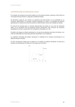 Contenidos Didácticos




4 INTERPRETACIÓN DE GRÁFICOS DE CARGA

El concepto de energía se encuentra ligado con los factores tiempo y potencia. Esta última es
la energía provista durante un segundo (unidad de tiempo).

Se denomina carga de una central a la potencia que ésta brinda o le es solicitada en un
momento determinado. El concepto energía producida se refiere a la cantidad de potencia
aportada por el sistema de consumo durante un determinado número de unidades de tiempo.

El consumo de energía para un período determinado de tiempo en una zona de utilización
dada, no es constante sino que presenta fuertes oscilaciones. Ese consumo se encuentra
supeditado al número y potencia de los receptores conectados a la red.

El gráfico de cargas se obtiene graficando en el eje de las abscisas intervalos de tiempo, y en
el de las ordenadas las sucesivas potencias requeridas a una instalación.

La superficie coloreada del gráfico representa la totalidad de la energía suministrada en el
lapso de tiempo marcado.

El valor de potencia media que se observa en el gráfico se obtiene dividiendo el total de la
energía suministrada por el tiempo en tuvo lugar ese suministro.




Centrales Eléctricas
 