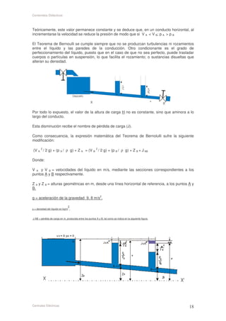 Contenidos Didácticos



Teóricamente, este valor permanece constante y se deduce que, en un conducto horizontal, al
incrementarse la velocidad se reduce la presión de modo que si V A < V B; p A > p B

El Teorema de Bernoulli se cumple siempre que no se produzcan turbulencias ni rozamientos
entre el líquido y las paredes de la conducción. Otro condicionante es el grado de
perfeccionamiento del líquido, puesto que en el caso de que no sea perfecto, puede trasladar
cuerpos o partículas en suspensión, lo que facilita el rozamiento; o sustancias disueltas que
alteran su densidad.




Por todo lo expuesto, el valor de la altura de carga H no es constante, sino que aminora a lo
largo del conducto.

Esta disminución recibe el nombre de pérdida de carga (J).

Como consecuencia, la expresión matemática del Teorema de Bernolulli sufre la siguiente
modificación:

(V A 2 / 2 g) + (p A / ρ g) + Z A = (V B 2 / 2 g) + (p B / ρ g) + Z B + J AB

Donde:

V A y V B = velocidades del líquido en m/s, mediante las secciones correspondientes a los
puntos A y B respectivamente.

Z A y Z B = alturas geométricas en m, desde una línea horizontal de referencia, a los puntos A y
B.

g = aceleración de la gravedad 9. 8 m/s2.

                                3
ρ = densidad del líquido en kg/m .


J AB = pérdida de carga en m, producida entre los puntos A y B, tal como se indica en la siguiente figura




Centrales Eléctricas
 