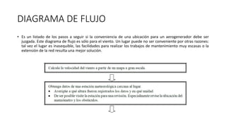 DIAGRAMA DE FLUJO
• Es un listado de los pasos a seguir si la conveniencia de una ubicación para un aerogenerador debe ser
juzgada. Este diagrama de flujo es sólo para el viento. Un lugar puede no ser conveniente por otras razones:
tal vez el lugar es inasequible, las facilidades para realizar los trabajos de mantenimiento muy escasas o la
extensión de la red resulta una mejor solución.
 