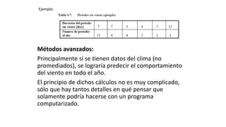 Ejemplo:
Métodos avanzados:
Principalmente si se tienen datos del clima (no
promediados), se lograría predecir el comportamiento
del viento en todo el año.
El principio de dichos cálculos no es muy complicado,
sólo que hay tantos detalles en qué pensar que
solamente podría hacerse con un programa
computarizado.
 