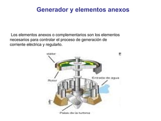 Los elementos anexos o complementarios son los elementos necesarios para controlar el proceso de generación de corriente eléctrica y regularlo. Generador y elementos anexos 