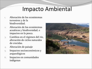 Impacto Ambiental
1. Alteración de los ecosistemas
terrestres y de la
biodiversidad.
2. Alteración de los ecosistemas
acuáticos y biodiversidad, e
impactos en la pesca.
3. Cambios en el régimen del río,
alteración de ciclos naturales
de crecidas.
4. Alteración de paisaje
5. Impactos socioeconómicos y
arqueológicos
6. Impactos en comunidades
indígenas
 