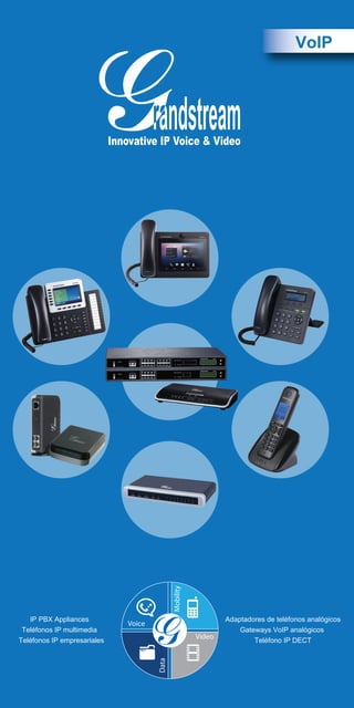 IP PBX Appliances 
Teléfonos IP multimedia 
Teléfonos IP empresariales 
VoIP 
Adaptadores de teléfonos analógicos 
Gateways VoIP analógicos 
Teléfono IP DECT 
 