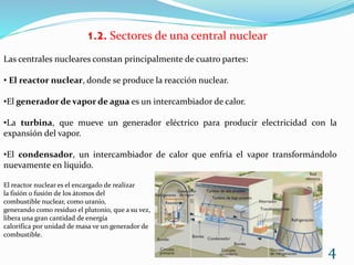 1.2. Sectores de una central nuclear
4
Las centrales nucleares constan principalmente de cuatro partes:
• El reactor nuclear, donde se produce la reacción nuclear.
•El generador de vapor de agua es un intercambiador de calor.
•La turbina, que mueve un generador eléctrico para producir electricidad con la
expansión del vapor.
•El condensador, un intercambiador de calor que enfría el vapor transformándolo
nuevamente en líquido.
El reactor nuclear es el encargado de realizar
la fisión o fusión de los átomos del
combustible nuclear, como uranio,
generando como residuo el plutonio, que a su vez,
libera una gran cantidad de energía
calorífica por unidad de masa ve un generador de
combustible.
 