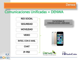 Comunicaciones Unificadas = DENWA
IP-PBX
RED SOCIAL
VIDEO
CHAT
PLATAFORMA DE
COMUNICACIONES UNIFICADAS
MOVILIDAD
INTEG. CON E-MAIL
SEGURIDAD
Denwa
 