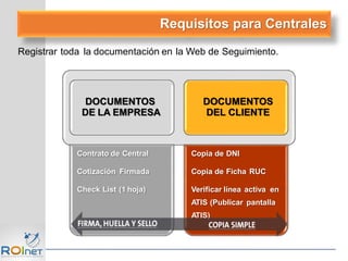 Requisitos para Centrales
Contrato de Central
Cotización Firmada
Check List (1 hoja)
Copia de DNI
Copia de Ficha RUC
Verificar línea activa en
ATIS (Publicar pantalla
ATIS)
DOCUMENTOS
DE LA EMPRESA
DOCUMENTOS
DEL CLIENTE
Registrar toda la documentación en la Web de Seguimiento.
 