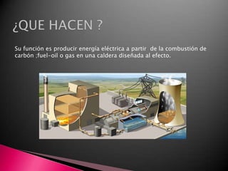 Su función es producir energía eléctrica a partir de la combustión de
carbón ;fuel-oil o gas en una caldera diseñada al efecto.

 