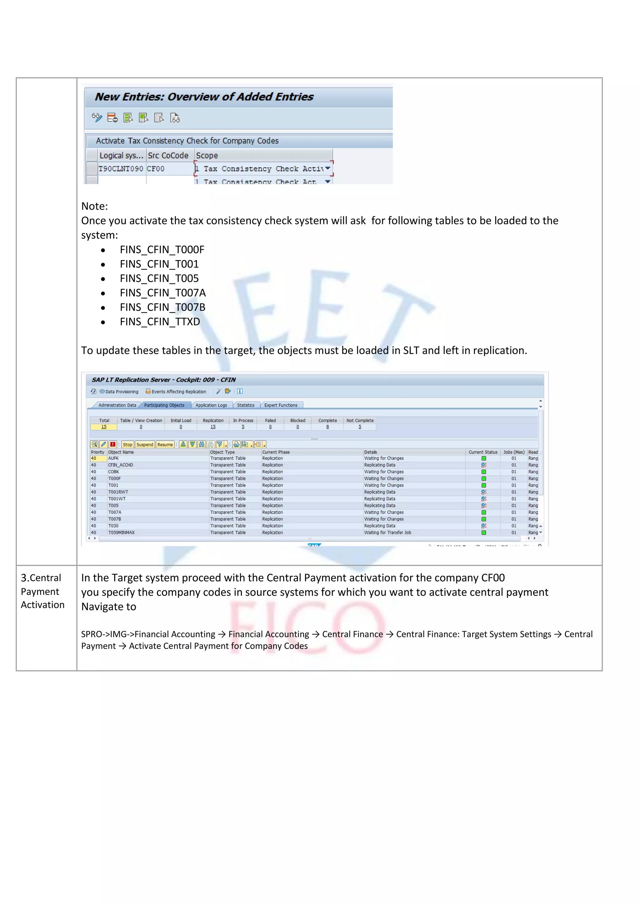 Note:
Once you activate the tax consistency check system will ask for following tables to be loaded to the
system:
• FINS_CFIN_T000F
• FINS_CFIN_T001
• FINS_CFIN_T005
• FINS_CFIN_T007A
• FINS_CFIN_T007B
• FINS_CFIN_TTXD
To update these tables in the target, the objects must be loaded in SLT and left in replication.
3.Central
Payment
Activation
In the Target system proceed with the Central Payment activation for the company CF00
you specify the company codes in source systems for which you want to activate central payment
Navigate to
SPRO->IMG->Financial Accounting → Financial Accounting → Central Finance → Central Finance: Target System Settings → Central
Payment → Activate Central Payment for Company Codes
 