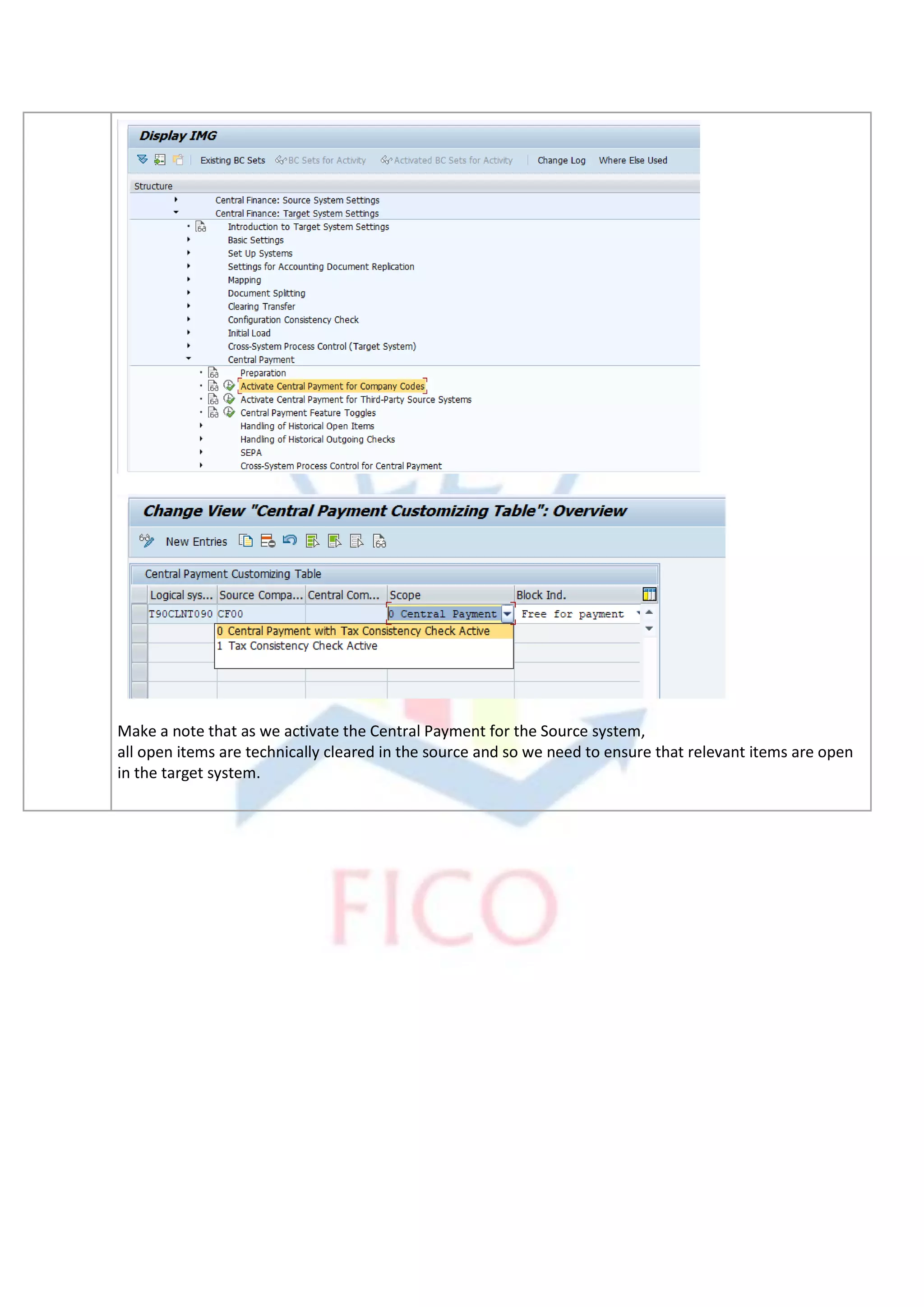 Make a note that as we activate the Central Payment for the Source system,
all open items are technically cleared in the source and so we need to ensure that relevant items are open
in the target system.
 