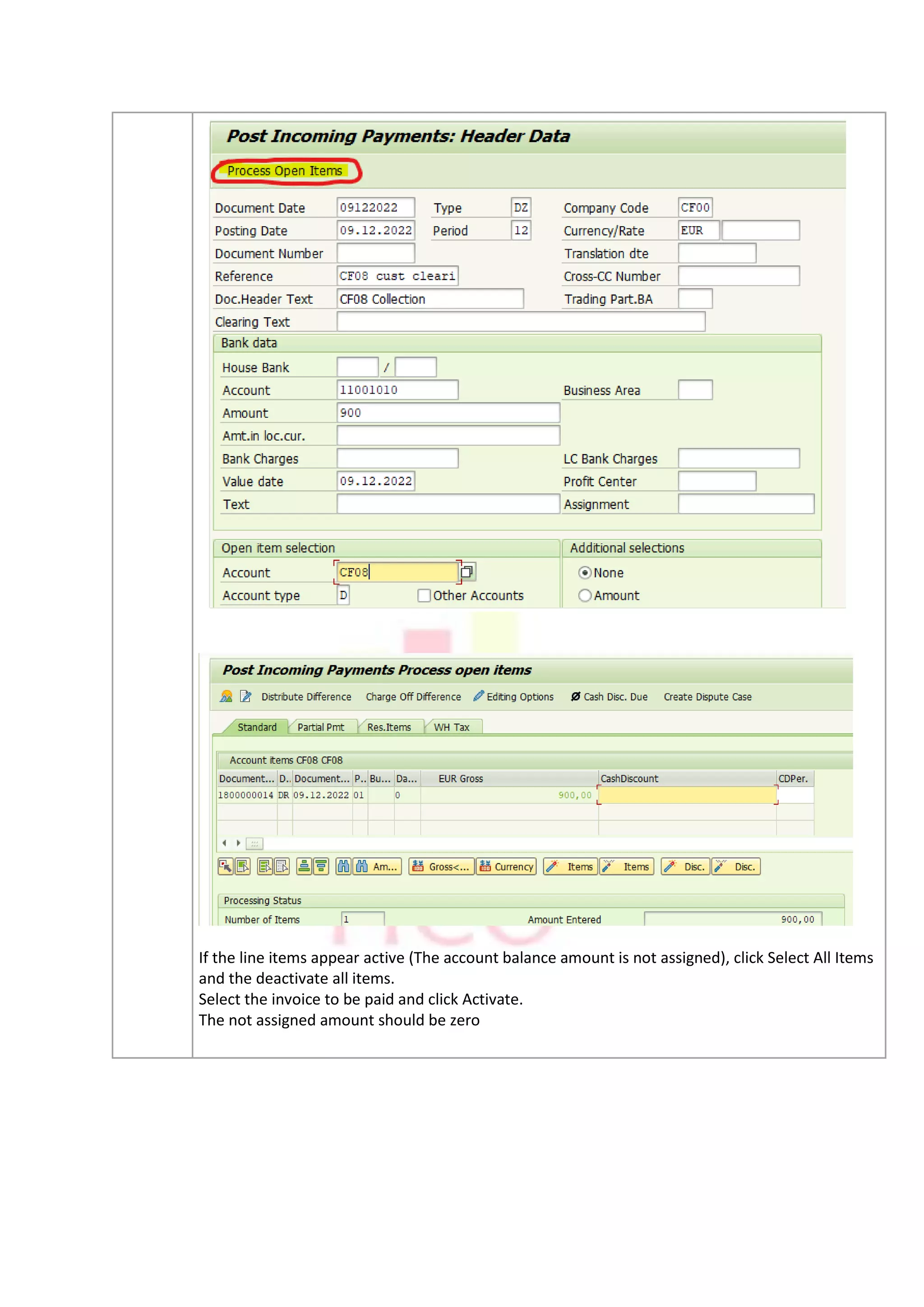 If the line items appear active (The account balance amount is not assigned), click Select All Items
and the deactivate all items.
Select the invoice to be paid and click Activate.
The not assigned amount should be zero
 