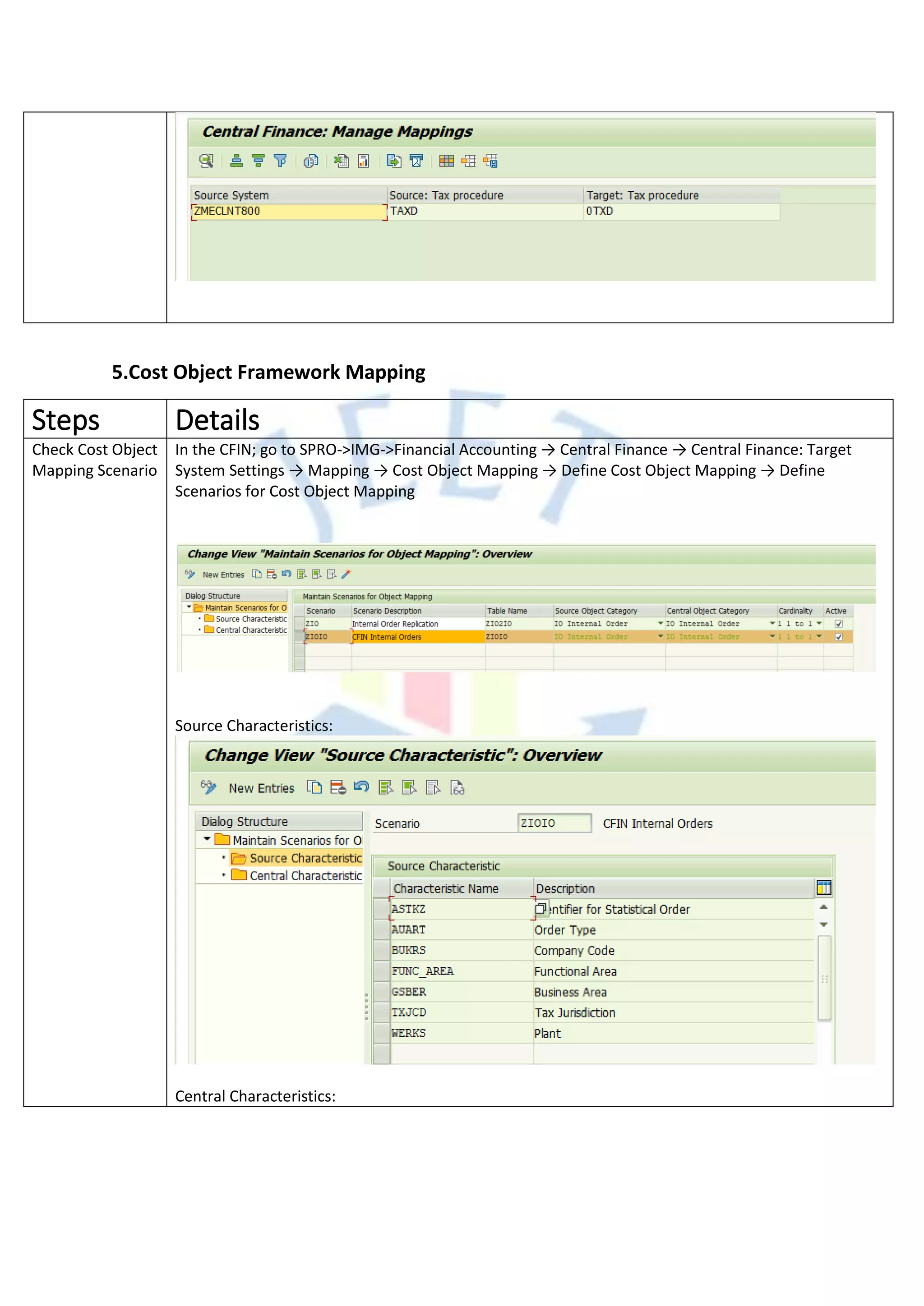 5.Cost Object Framework Mapping
Steps Details
Check Cost Object
Mapping Scenario
In the CFIN; go to SPRO->IMG->Financial Accounting → Central Finance → Central Finance: Target
System Settings → Mapping → Cost Object Mapping → Define Cost Object Mapping → Define
Scenarios for Cost Object Mapping
Source Characteristics:
Central Characteristics:
 