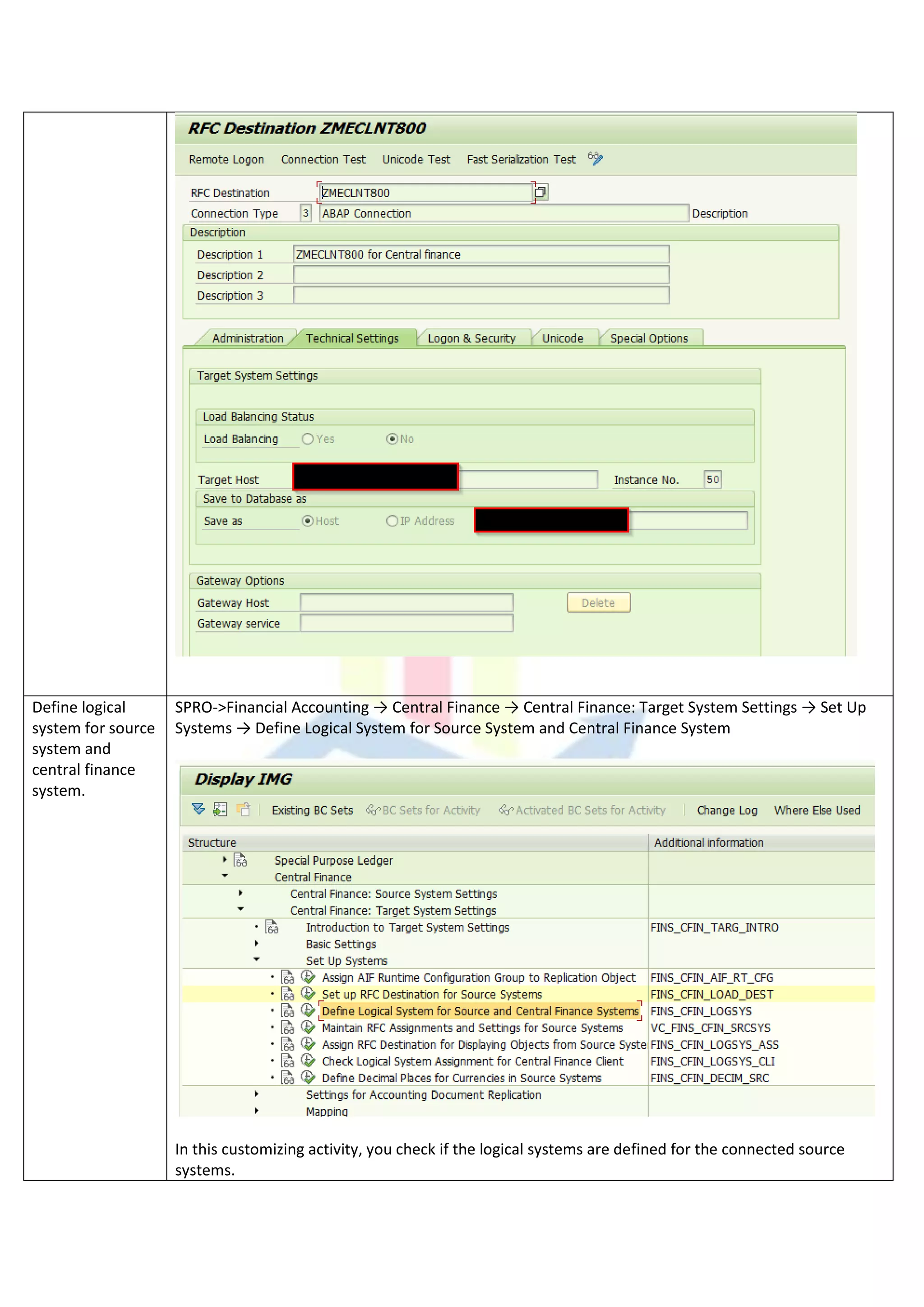 Define logical
system for source
system and
central finance
system.
SPRO->Financial Accounting → Central Finance → Central Finance: Target System Settings → Set Up
Systems → Define Logical System for Source System and Central Finance System
In this customizing activity, you check if the logical systems are defined for the connected source
systems.
 