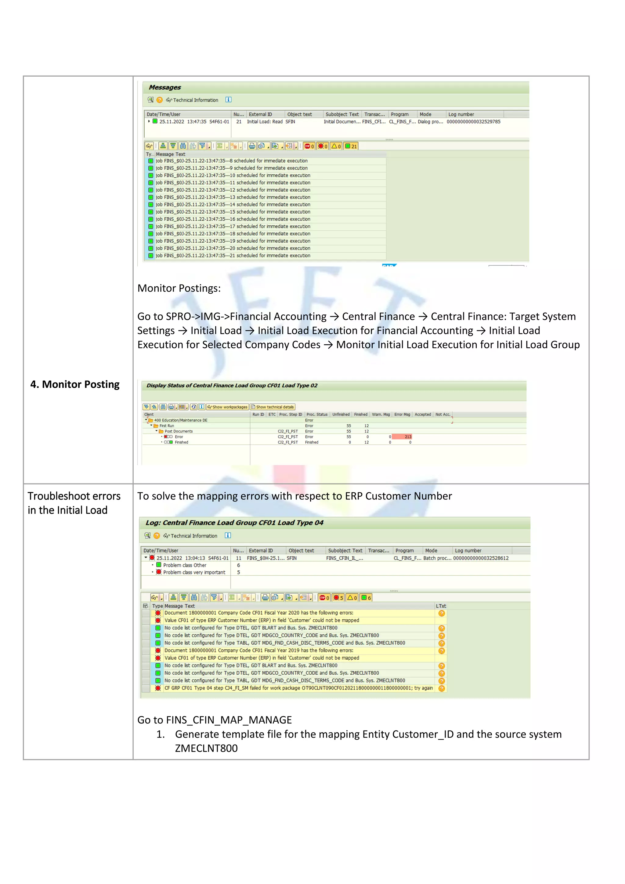 4. Monitor Posting
Monitor Postings:
Go to SPRO->IMG->Financial Accounting → Central Finance → Central Finance: Target System
Settings → Initial Load → Initial Load Execution for Financial Accounting → Initial Load
Execution for Selected Company Codes → Monitor Initial Load Execution for Initial Load Group
Troubleshoot errors
in the Initial Load
To solve the mapping errors with respect to ERP Customer Number
Go to FINS_CFIN_MAP_MANAGE
1. Generate template file for the mapping Entity Customer_ID and the source system
ZMECLNT800
 