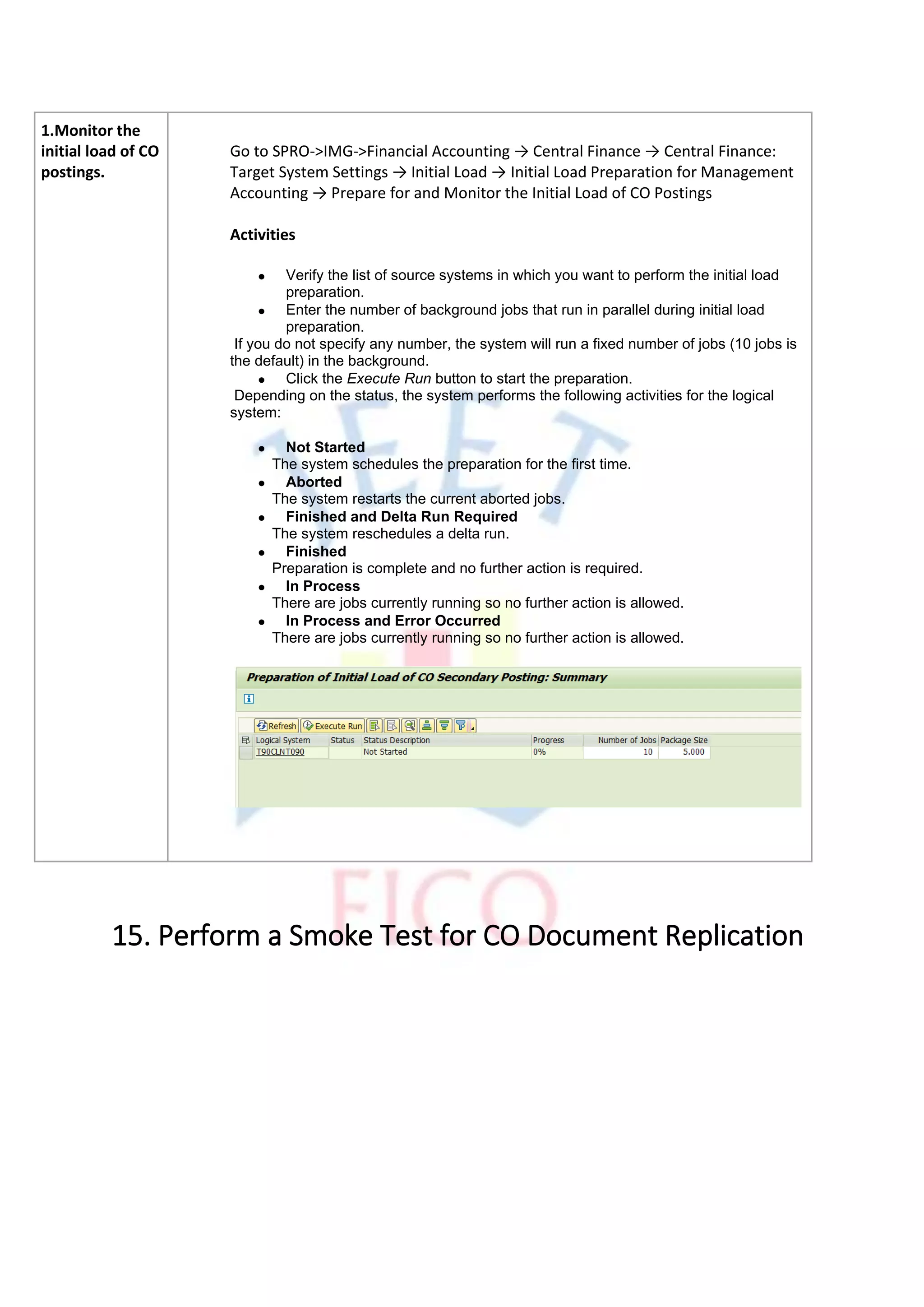 1.Monitor the
initial load of CO
postings.
Go to SPRO->IMG->Financial Accounting → Central Finance → Central Finance:
Target System Settings → Initial Load → Initial Load Preparation for Management
Accounting → Prepare for and Monitor the Initial Load of CO Postings
Activities
• Verify the list of source systems in which you want to perform the initial load
preparation.
• Enter the number of background jobs that run in parallel during initial load
preparation.
If you do not specify any number, the system will run a fixed number of jobs (10 jobs is
the default) in the background.
• Click the Execute Run button to start the preparation.
Depending on the status, the system performs the following activities for the logical
system:
• Not Started
The system schedules the preparation for the first time.
• Aborted
The system restarts the current aborted jobs.
• Finished and Delta Run Required
The system reschedules a delta run.
• Finished
Preparation is complete and no further action is required.
• In Process
There are jobs currently running so no further action is allowed.
• In Process and Error Occurred
There are jobs currently running so no further action is allowed.
15. Perform a Smoke Test for CO Document Replication
 