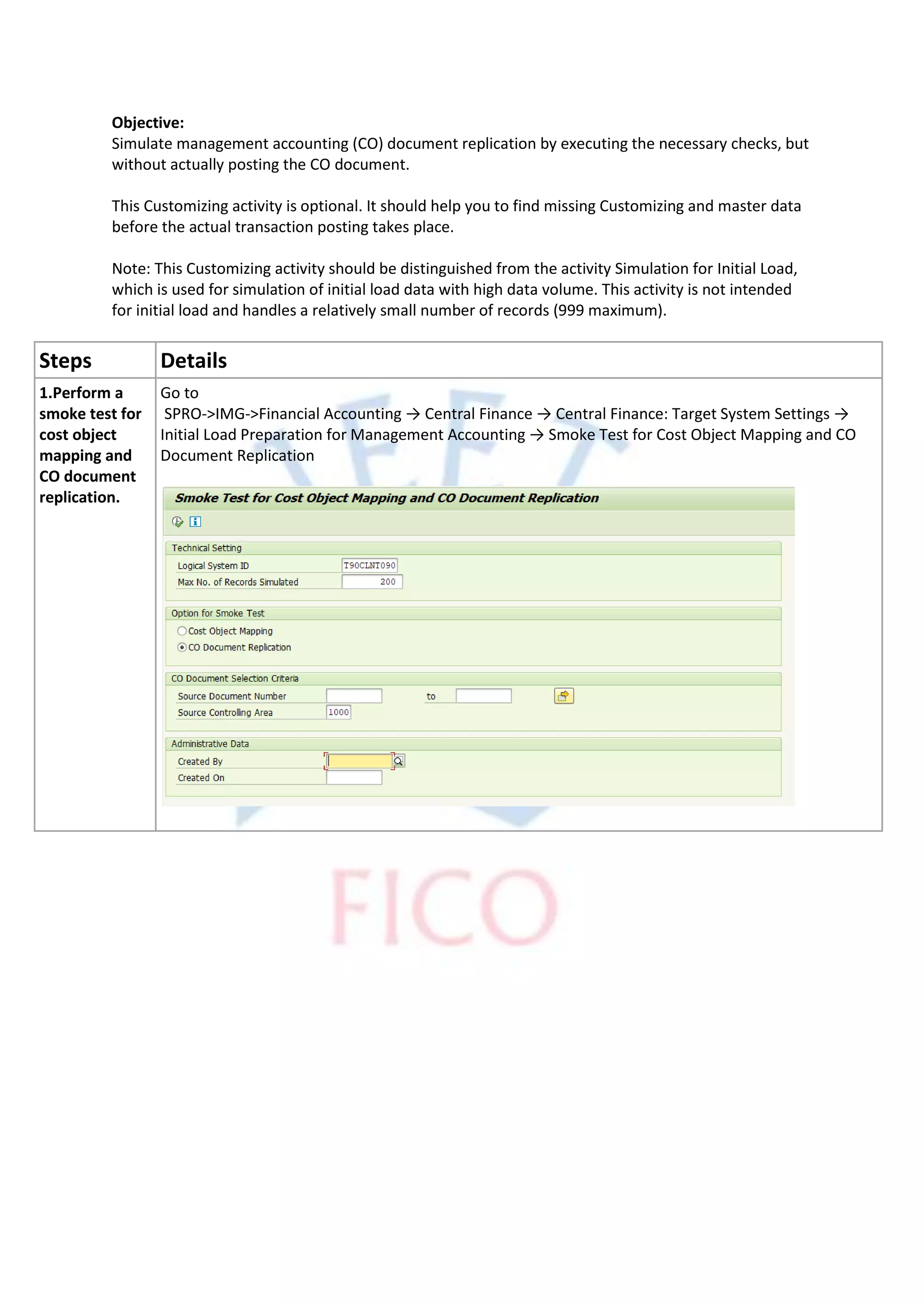 Objective:
Simulate management accounting (CO) document replication by executing the necessary checks, but
without actually posting the CO document.
This Customizing activity is optional. It should help you to find missing Customizing and master data
before the actual transaction posting takes place.
Note: This Customizing activity should be distinguished from the activity Simulation for Initial Load,
which is used for simulation of initial load data with high data volume. This activity is not intended
for initial load and handles a relatively small number of records (999 maximum).
Steps Details
1.Perform a
smoke test for
cost object
mapping and
CO document
replication.
Go to
SPRO->IMG->Financial Accounting → Central Finance → Central Finance: Target System Settings →
Initial Load Preparation for Management Accounting → Smoke Test for Cost Object Mapping and CO
Document Replication
 