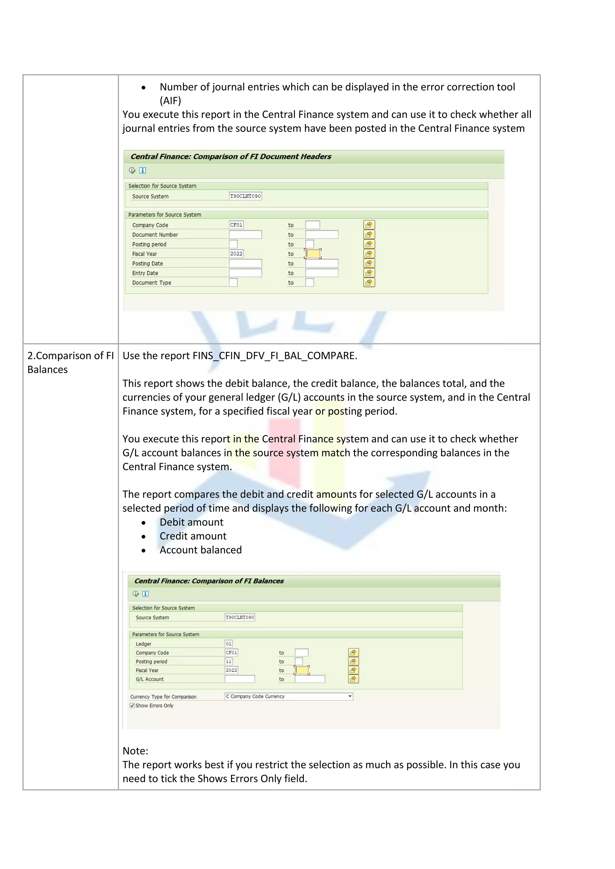 • Number of journal entries which can be displayed in the error correction tool
(AIF)
You execute this report in the Central Finance system and can use it to check whether all
journal entries from the source system have been posted in the Central Finance system
2.Comparison of FI
Balances
Use the report FINS_CFIN_DFV_FI_BAL_COMPARE.
This report shows the debit balance, the credit balance, the balances total, and the
currencies of your general ledger (G/L) accounts in the source system, and in the Central
Finance system, for a specified fiscal year or posting period.
You execute this report in the Central Finance system and can use it to check whether
G/L account balances in the source system match the corresponding balances in the
Central Finance system.
The report compares the debit and credit amounts for selected G/L accounts in a
selected period of time and displays the following for each G/L account and month:
• Debit amount
• Credit amount
• Account balanced
Note:
The report works best if you restrict the selection as much as possible. In this case you
need to tick the Shows Errors Only field.
 