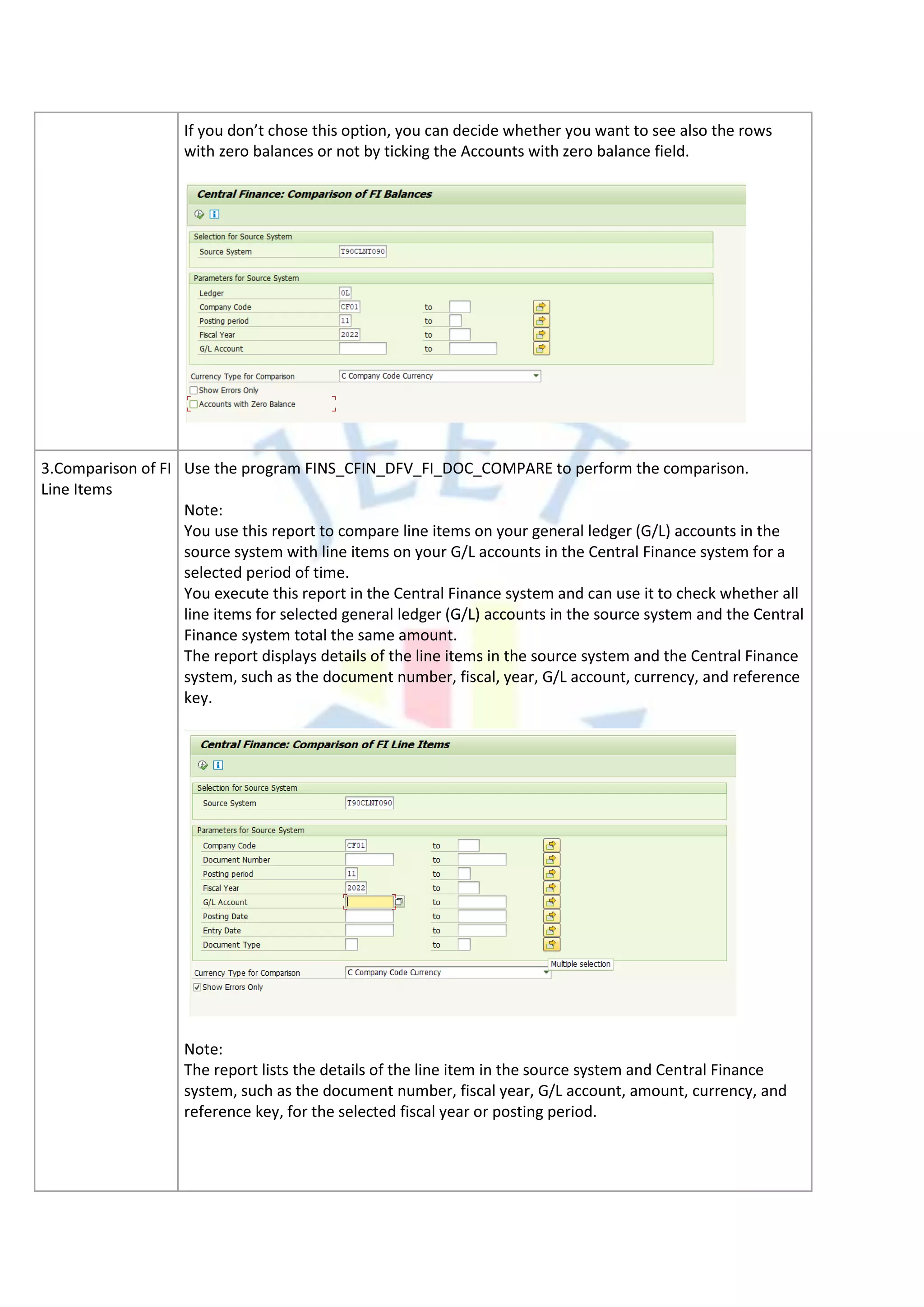 If you don’t chose this option, you can decide whether you want to see also the rows
with zero balances or not by ticking the Accounts with zero balance field.
3.Comparison of FI
Line Items
Use the program FINS_CFIN_DFV_FI_DOC_COMPARE to perform the comparison.
Note:
You use this report to compare line items on your general ledger (G/L) accounts in the
source system with line items on your G/L accounts in the Central Finance system for a
selected period of time.
You execute this report in the Central Finance system and can use it to check whether all
line items for selected general ledger (G/L) accounts in the source system and the Central
Finance system total the same amount.
The report displays details of the line items in the source system and the Central Finance
system, such as the document number, fiscal, year, G/L account, currency, and reference
key.
Note:
The report lists the details of the line item in the source system and Central Finance
system, such as the document number, fiscal year, G/L account, amount, currency, and
reference key, for the selected fiscal year or posting period.
 