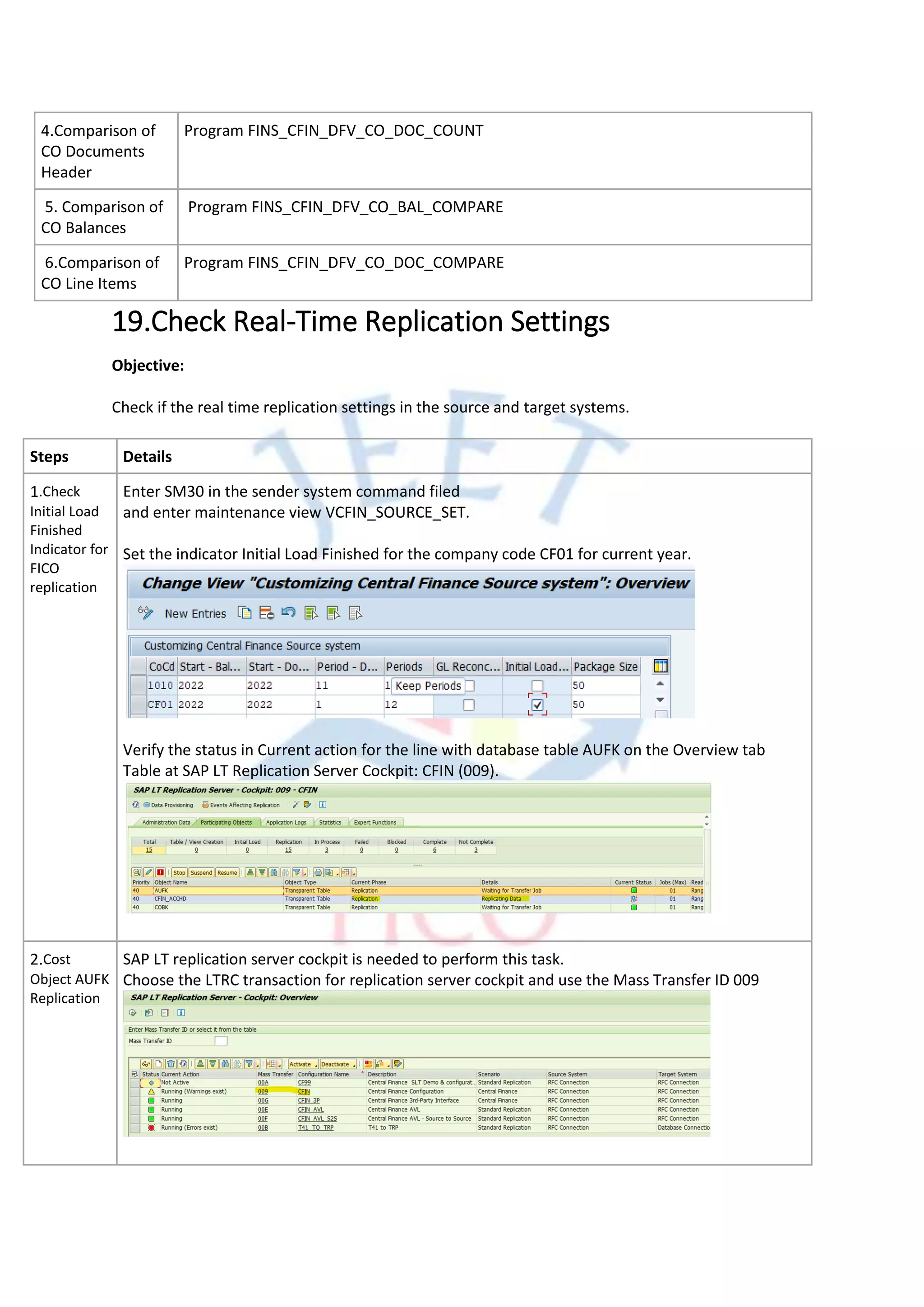 4.Comparison of
CO Documents
Header
Program FINS_CFIN_DFV_CO_DOC_COUNT
5. Comparison of
CO Balances
Program FINS_CFIN_DFV_CO_BAL_COMPARE
6.Comparison of
CO Line Items
Program FINS_CFIN_DFV_CO_DOC_COMPARE
19.Check Real-Time Replication Settings
Objective:
Check if the real time replication settings in the source and target systems.
Steps Details
1.Check
Initial Load
Finished
Indicator for
FICO
replication
Enter SM30 in the sender system command filed
and enter maintenance view VCFIN_SOURCE_SET.
Set the indicator Initial Load Finished for the company code CF01 for current year.
Verify the status in Current action for the line with database table AUFK on the Overview tab
Table at SAP LT Replication Server Cockpit: CFIN (009).
2.Cost
Object AUFK
Replication
SAP LT replication server cockpit is needed to perform this task.
Choose the LTRC transaction for replication server cockpit and use the Mass Transfer ID 009
 