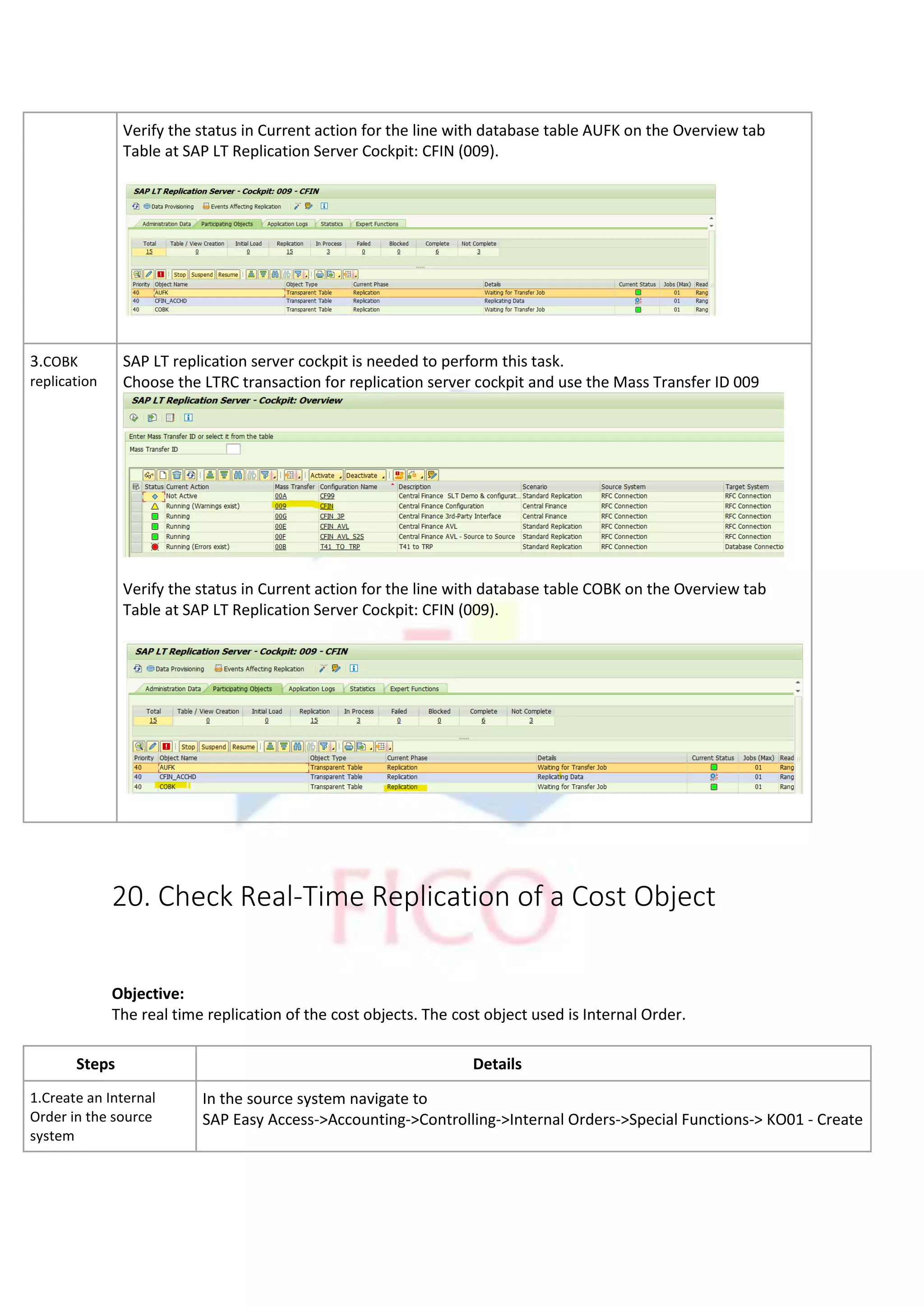 Verify the status in Current action for the line with database table AUFK on the Overview tab
Table at SAP LT Replication Server Cockpit: CFIN (009).
3.COBK
replication
SAP LT replication server cockpit is needed to perform this task.
Choose the LTRC transaction for replication server cockpit and use the Mass Transfer ID 009
Verify the status in Current action for the line with database table COBK on the Overview tab
Table at SAP LT Replication Server Cockpit: CFIN (009).
20. Check Real-Time Replication of a Cost Object
Objective:
The real time replication of the cost objects. The cost object used is Internal Order.
Steps Details
1.Create an Internal
Order in the source
system
In the source system navigate to
SAP Easy Access->Accounting->Controlling->Internal Orders->Special Functions-> KO01 - Create
 