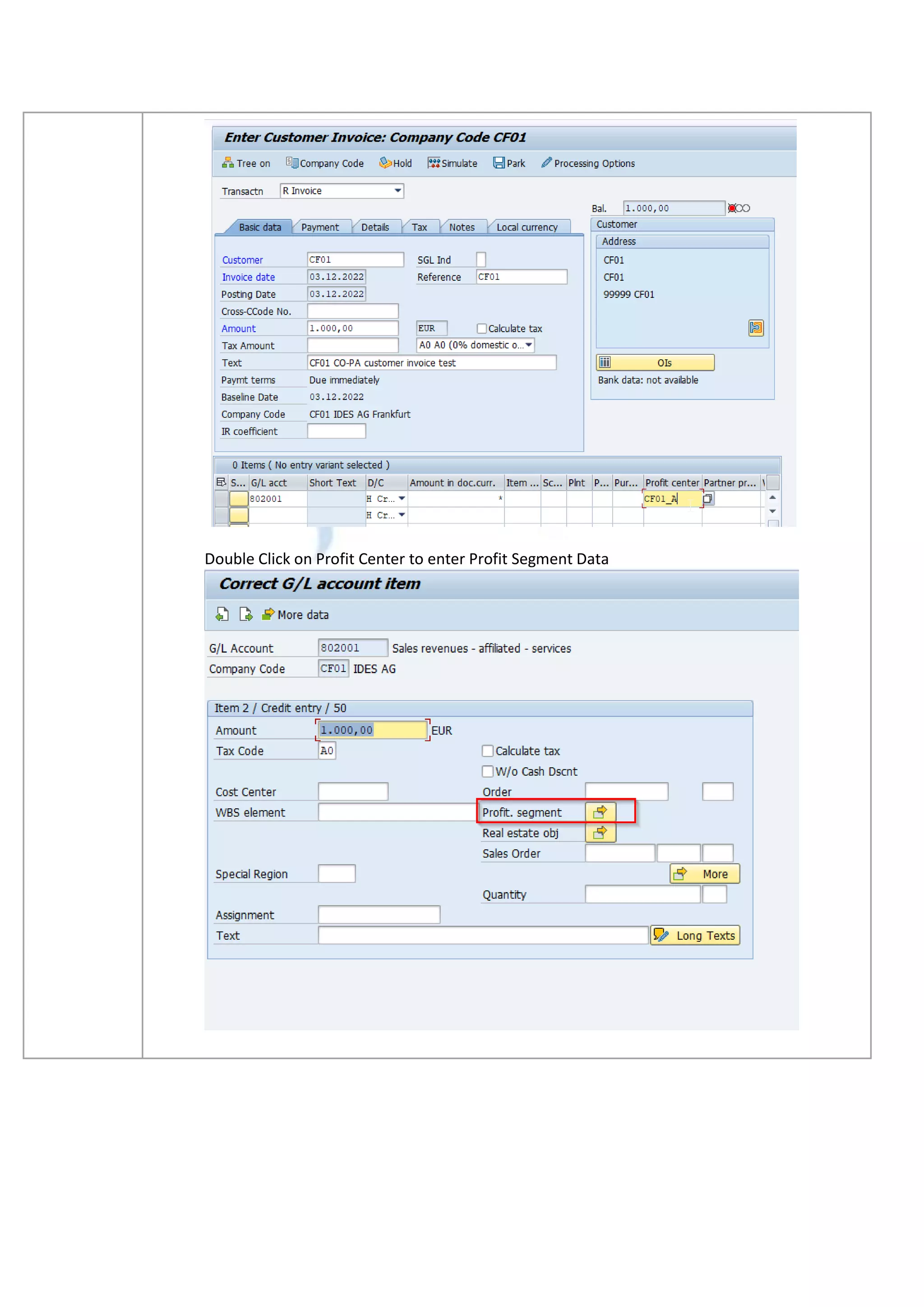 Double Click on Profit Center to enter Profit Segment Data
 