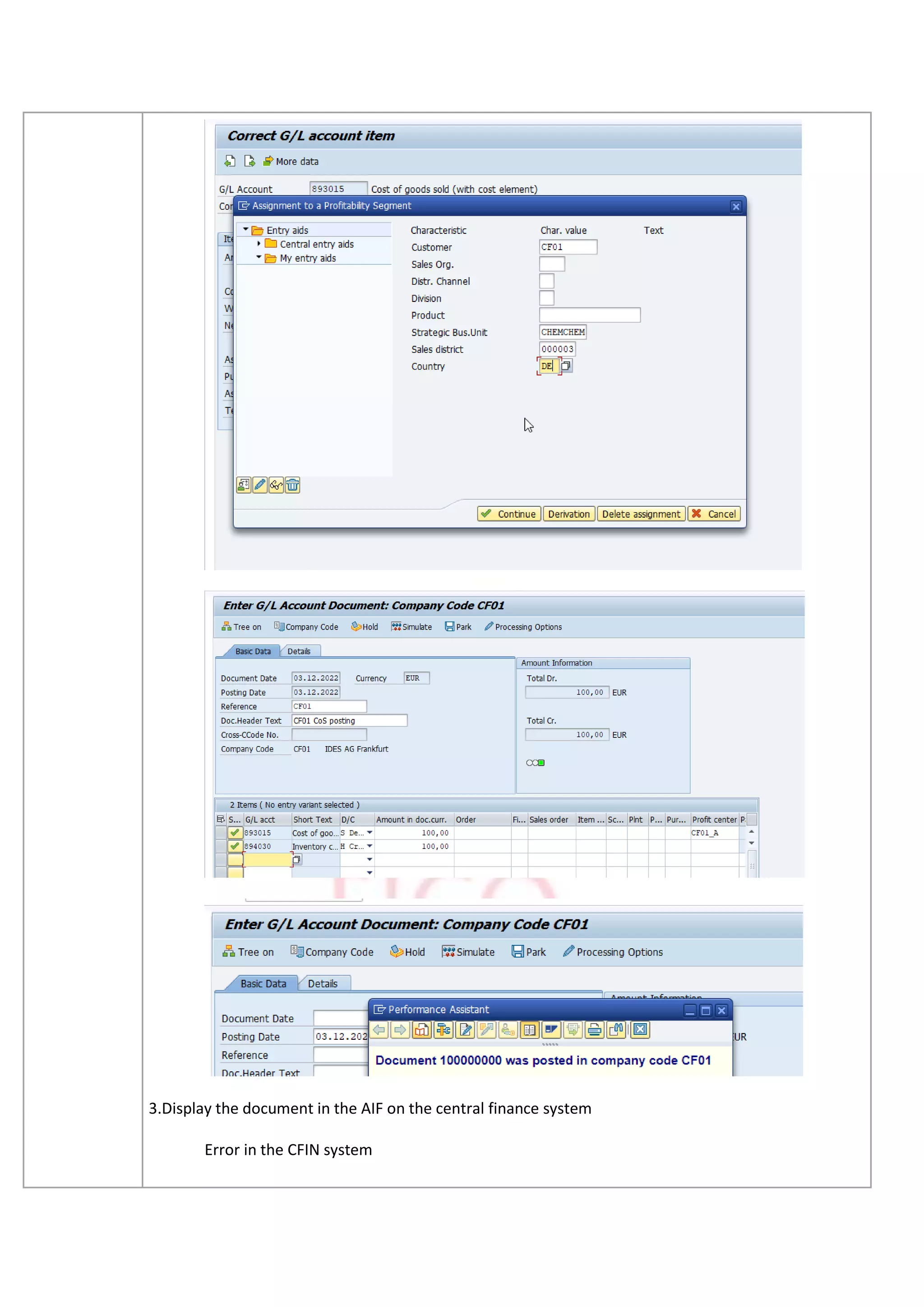 3.Display the document in the AIF on the central finance system
Error in the CFIN system
 