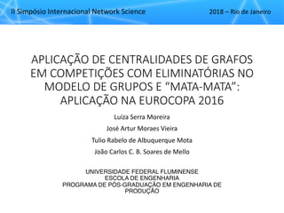 II"Simpósio"Internacional"Network"Science 2018"– Rio"de"Janeiro
APLICAÇÃO)DE)CENTRALIDADES)DE)GRAFOS)
EM)COMPETIÇÕES)COM)ELIMINATÓRIAS)NO)
MODELO)DE)GRUPOS)E)“MATA7MATA”:)
APLICAÇÃO)NA)EUROCOPA)2016
Luíza"Serra"Moreira
José"Artur"Moraes"Vieira
Tulio"Rabelo"de"Albuquerque"Mota
João"Carlos"C."B."Soares"de"Mello
UNIVERSIDADE FEDERAL FLUMINENSE
ESCOLA DE ENGENHARIA
PROGRAMA DE PÓS-GRADUAÇÃO EM ENGENHARIA DE
PRODUÇÃO
 