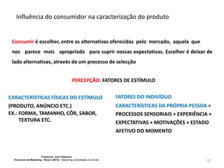 Influência do consumidor na caracterização do produto

Consumir é escolher, entre as alternativas oferecidas pelo mercado, aquela que
nos parece mais apropriada para suprir nossas expectativas. Escolher é deixar de
lado alternativas, através de um processo de selecção
PERCEPÇÃO: FATORES DE ESTÍMULO
CARACTERÍSTICAS FÍSICAS DO ESTÍMULO
(PRODUTO, ANÚNCIO ETC.)
EX.: FORMA, TAMANHO, CÔR, SABOR,
TEXTURA ETC.

FORMADOR: JOÃO RAMADAS
Técnico/a de Marketing - Nível 4 (EFA) - Marketing Centralidade no cliente

FATORES DO INDIVÍDUO
CARACTERÍSTICAS DA PRÓPRIA PESSOA =
PROCESSOS SENSORIAIS + EXPERIÊNCIA +
EXPECTATIVAS + MOTIVAÇÕES + ESTADO
AFETIVO DO MOMENTO

32

 