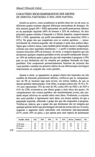 Manuel Villaverde Cabral
CARACTERES SÓCIO-DEMOGRÁFICOS DOS GRUPOS
DE SIMPATIA PARTIDÁRIA E DOS«SEM PARTIDO»
Quanto aogénero, como actualmente seprefere dizer emvezde sexo,os
diferentes grupos mostram algumas diferenças merecedoras de destaque. Os
dois maiores grupos (PS+ PSD) apresentam umperfil praticamente idêntico
ao da população inquirida (48% de homens e 52%de mulheres). Os dois
principais grupos situados à Esquerda e à Direita daqueles, respectivamente
PCP e CDS,apresentam um perfil marcadamente mais masculino (56% e
61%). No grupo dos que simpatizam com os «outros partidos» — presu-
mivelmente de extrema-esquerda, não só porque é nesta área político-ideo-
lógica quea oferta émaior, como também pelas atitudes sociais e disposições
culturais queestes inquiridos manifestam —o perfil é também predominan-
temente masculino (58% dehomens). Aoinvés, o conjunto daqueles que não
declararam qualquer simpatia partidária revela umperfil nitidamente femini-
no: 58% demulheres para o grupo dosquenãorespondem àpergunta e59%
para os que declararam não ter simpatia por qualquer formação do leque
partidário. Esta componente pronunciadamente feminina do conjunto dos
«sem partido» constitui umprimeiro indício dasuadiferenciação sociológica
relativamente ao conjunto dos «com partido».
Quanto à idade, se agruparmos os grupos etários dos inquiridos em três
escalões de dimensão praticamente idêntica, verifica-se queos «simpatizan-
tes» do PS se mostram algo mais jovens, em termos médios, do queos
demais partidos representados. Com efeito, osgrupos etários dos 18-34 e 35-
-54 anos representam 75% do total do PS,contra 65% do PSDe do PCP e
61% do CDS, revelando-se este último grupo o mais idoso dos quatro. Os
«simpatizantes» dos«outros partidos» sãomanifestamente jovens, não con-
tando sequer efectivos no escalão etário mais idoso. Finalmente, o conjunto
dos «sem partido» é ligeiramente mais idoso, emtermos médios, do quea
população inquirida, sobretudo o grupo dosquenãorespondem à pergunta.
Verifica-se, todavia, que o grupo dos que declararam não ter simpatia por
qualquer partido inclui uma percentagem elevada dejovens (atéaos34anos),
enquanto o segmento etário intermédio está claramente sub-representado
(27% contra 34%no país), o que aponta para umaespécie de polarização
178
Escalões etários
18-24 anos
35-54 anos
55 anos +
País
34
34
32
CDS
30
31
39
PSD
28
37
35
PS
33
42
25
PCP
28
37
35
Outros
65
35
Nenhum
37
27
36
NR
28
34
38
 