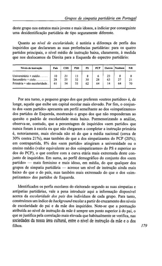 Grupos de simpatiapartidária em Portugal
deste grupo nos estratos maisjovens e mais idosos, a indiciar por conseguinte
uma desidentifícação partidária de tipo seguramente diferente.
Quanto ao nível de escolaridade, é notória a diferença de perfis dos
inquiridos que declararam as suas preferências partidárias: para os quatro
partidos principais, o nível médio de instrução baixa, claramente, à medida
que nos deslocamos da Direita para a Esquerda do espectro partidário:
Níveis de instrução
Universitário + médio
Secundário + ciclo
Primária + não escolaridade.
País
10
28
61
CDS
21
25
54
PSD
13
32
55
PS
8
30
62
PCP
6
28
64
Outros
23
63
14
Nenhum
8
27
64
NR
8
21
70
Por seu turno, o pequeno grupo dos que preferem «outros partidos» é, de
longe, aquele que exibe um capital escolar mais elevado. Por fim, o conjun-
to dos «sem partido» apresenta um perfil semelhante ao dos «simpatizantes»
dos partidos de Esquerda, mostrando o grupo dos que não responderam ao
quesito o padrão de escolaridade mais baixo. Pormenorizando a análise,
observa-se, contudo, que a percentagem de inquiridos «sem partido» que
nunca foram à escola ou que não chegaram a completar a instrução primária
é, notoriamente, mais elevada não só do que a média nacional (cerca de
30% contra 21%), mas também do que a dos simpatizantes do PCP (20%);
em contrapartida, 8% dos «sem partido» atingiram a universidade ou o
ensino médio (valor equivalente ao dos «simpatizantes» do PS e superior ao
dos do PCP), o que confere com a curva etária mais extremada deste con-
junto de inquiridos. Em suma, ao perfil demográfico do conjunto dos «sem
partido» — mais feminino e mais idoso, em média, do que qualquer dos
grupos de simpatia partidária — acresce um nível de instrução ainda mais
baixo do que o do país, mas também mais extremado do que o dos «sim-
patizantes» dos partidos de Esquerda.
Identificados os perfis escolares do eleitorado segundo as suas simpatias e
antipatias partidárias, vale a pena introduzir aqui a informação disponível
acerca da escolaridadedos pais dos indivíduos de cada grupo. Para tanto,
construímos um índice de background escolar apartir do cruzamento dos níveis
de escolaridade do pai e da mãe dos inquiridos. Note-se que a pontuação
atribuída ao nível de instrução da mãe é sempre um ponto superior à do pai, o
que sejustifica pela correlação mais elevada que habitualmente se verifica, nas
sociedades da nossa área cultural, entre onível de instrução da mãe e odos
filhos. 179
 