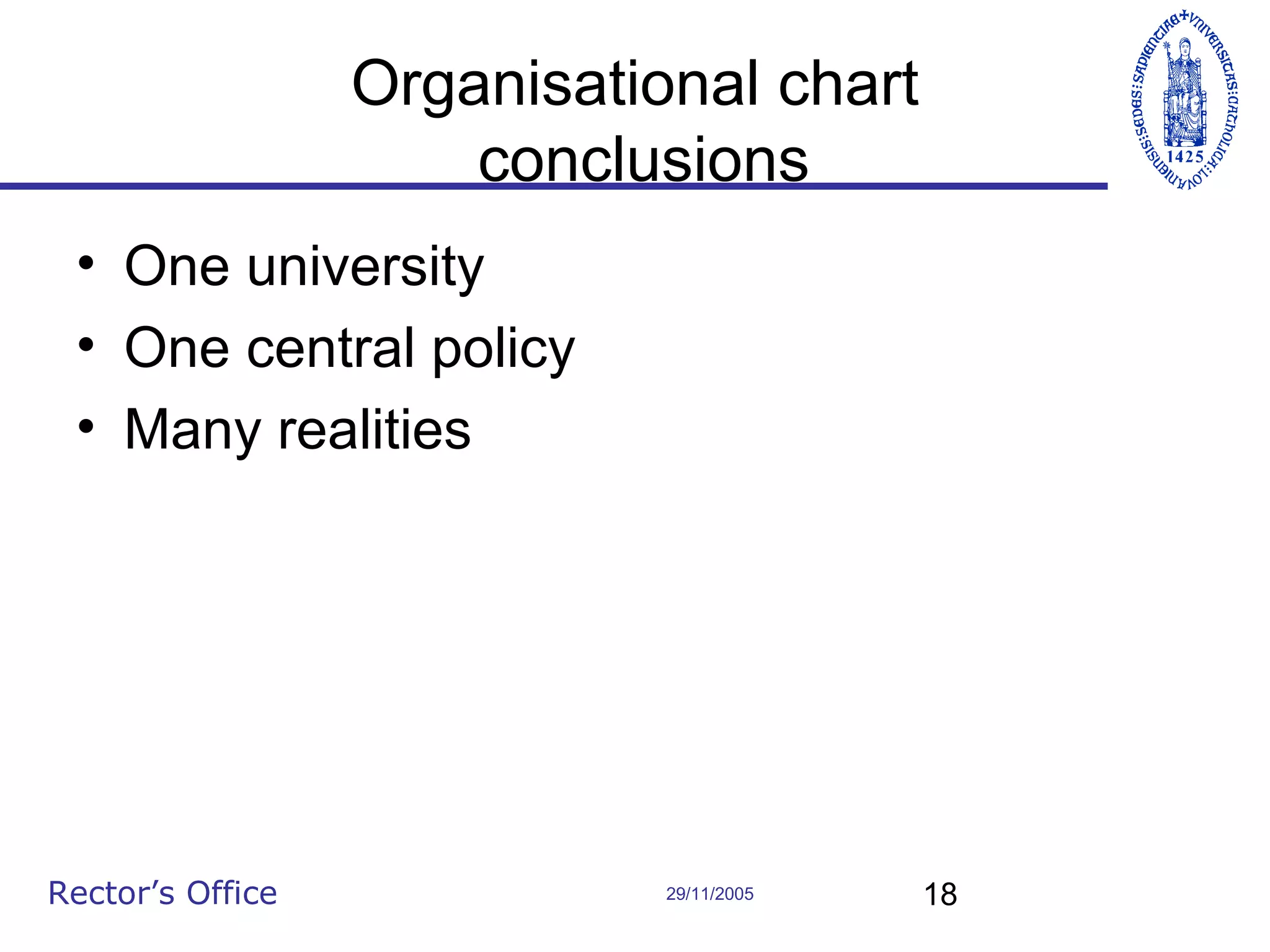 Organisational chart
conclusions
• One university
• One central policy
• Many realities

Rector’s Office

29/11/2005

18

 
