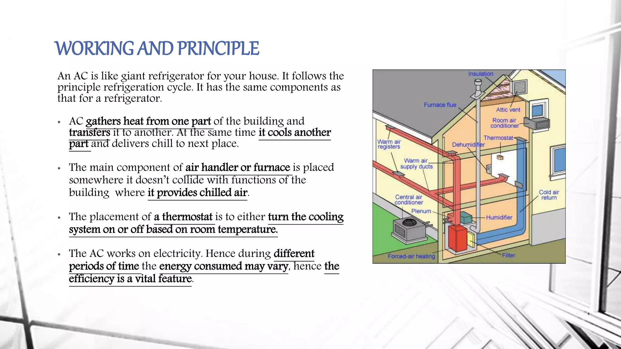 WORKING ANDPRINCIPLE
An AC is like giant refrigerator for your house. It follows the
principle refrigeration cycle. It has the same components as
that for a refrigerator.
• AC gathers heat from one part of the building and
transfers it to another. At the same time it cools another
part and delivers chill to next place.
• The main component of air handler or furnace is placed
somewhere it doesn’t collide with functions of the
building where it provides chilled air.
• The placement of a thermostat is to either turn the cooling
system on or off based on room temperature.
• The AC works on electricity. Hence during different
periods of time the energy consumed may vary, hence the
efficiency is a vital feature.
 