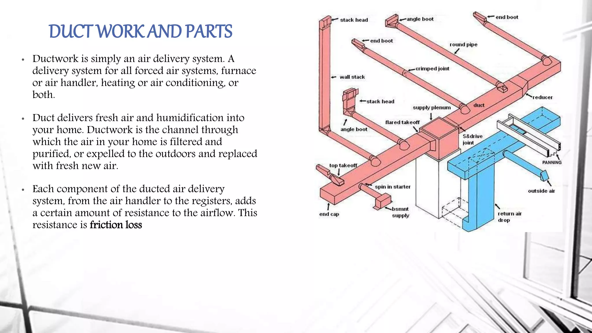 DUCT WORKANDPARTS
• Ductwork is simply an air delivery system. A
delivery system for all forced air systems, furnace
or air handler, heating or air conditioning, or
both.
• Duct delivers fresh air and humidification into
your home. Ductwork is the channel through
which the air in your home is filtered and
purified, or expelled to the outdoors and replaced
with fresh new air.
• Each component of the ducted air delivery
system, from the air handler to the registers, adds
a certain amount of resistance to the airflow. This
resistance is friction loss
 