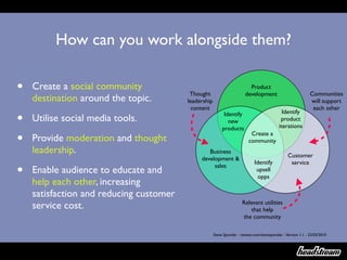 How can you work alongside them?

•   Create a social community
                                          Thought
                                                                          Product
                                                                        development                            Communities
    destination around the topic.        leadership                                                            will support
                                           content                                                              each other

•                                                           Identify                          Identify
    Utilise social media tools.                               new                            product
                                                           products                         iterations

•   Provide moderation and thought
                                                                           Create a
                                                                          community
    leadership.                                  Business
                                                                                                  Customer
                                              development &
                                                                              Identify             service
•   Enable audience to educate and
                                                   sales
                                                                               upsell
                                                                                opps
    help each other, increasing
    satisfaction and reducing customer
                                                                       Relevant utilities
    service cost.                                                          that help
                                                                       the community

                                                      Steve Sponder - twitter.com/stevesponder - Version 1.1 - 22/03/2010
 