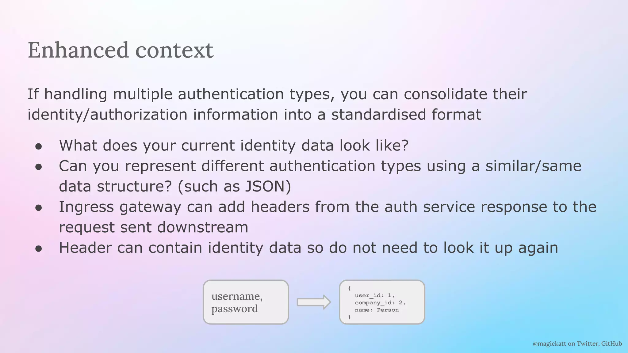 @magickatt on Twitter, GitHub
Enhanced context
If handling multiple authentication types, you can consolidate their
identity/authorization information into a standardised format
● What does your current identity data look like?
● Can you represent different authentication types using a similar/same
data structure? (such as JSON)
● Ingress gateway can add headers from the auth service response to the
request sent downstream
● Header can contain identity data so do not need to look it up again
username,
password
{
user_id: 1,
company_id: 2,
name: Person
}
 