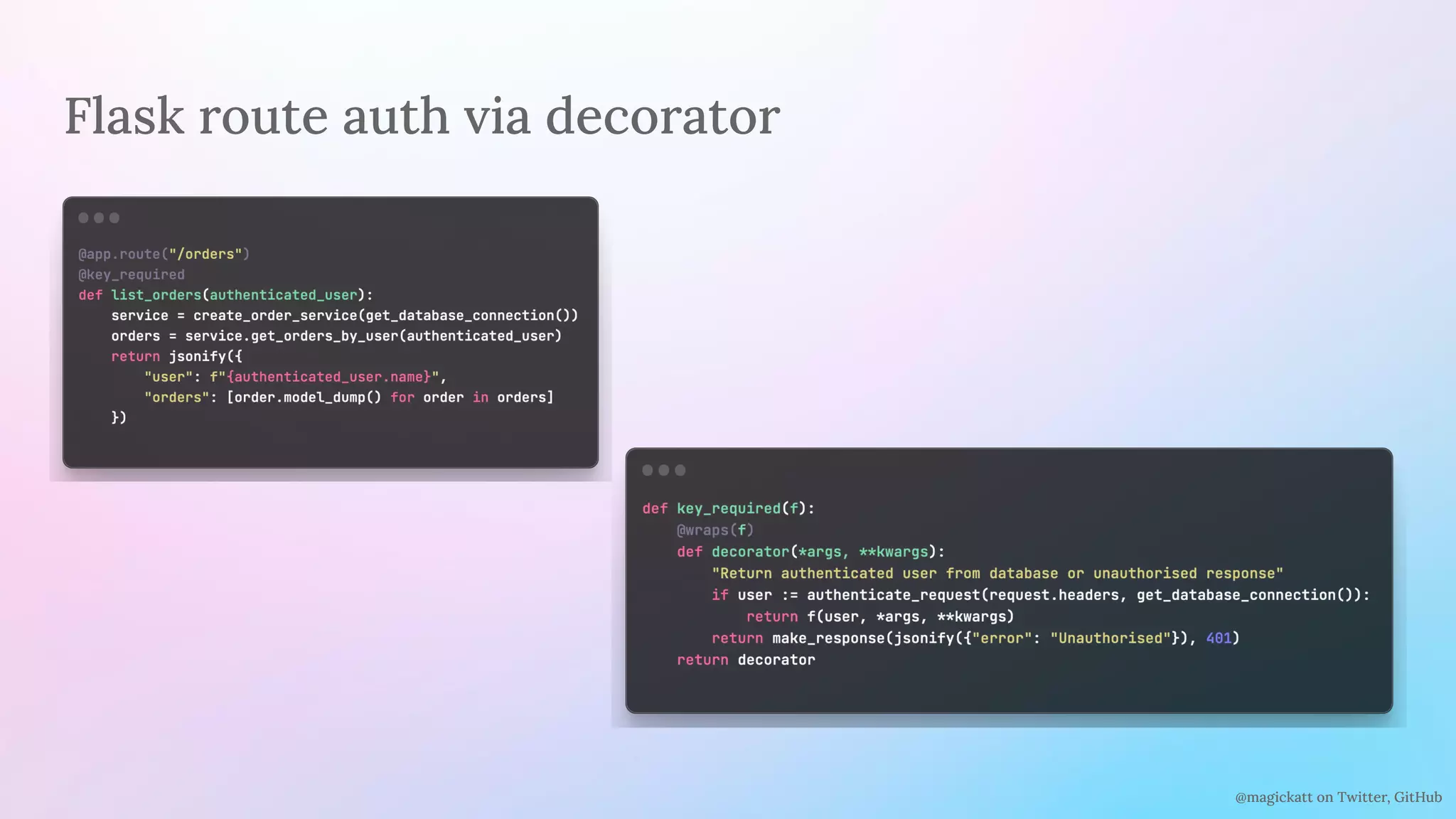 @magickatt on Twitter, GitHub
Flask route auth via decorator
 