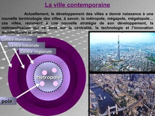 La ville contemporaine
Actuellement, le développement des villes a donné naissance à une
nouvelle terminologie des villes, à savoir, la métropole, mégapole, mégalopole…
ces villes, renvoient à une nouvelle stratégie de son développement, la
métropolisation qui se base sur la centralité, la technologie et l’innovation
architecturale et urbaine.
métropolemétropole
Centre mondialeCentre mondiale
Centre régionaleCentre régionale
centre nationalecentre nationale
polepole
 