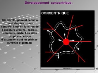 Cle développement ce fait a
partir du pôle urbain
centrale. Il est en fonction de
l’ossature urbaine : radiale,
annulaire, mixte. Les sites
propice a ce type
d’extension sont les plaines,
cuvettes et plateau
Développement concentrique :
 