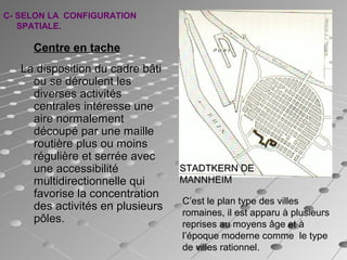 Centre en tache  
La disposition du cadre bâtiLa disposition du cadre bâti
ou se déroulent lesou se déroulent les
diverses activitésdiverses activités
centrales intéresse unecentrales intéresse une
aire normalementaire normalement
découpé par une mailledécoupé par une maille
routière plus ou moinsroutière plus ou moins
régulière et serrée avecrégulière et serrée avec
une accessibilitéune accessibilité
multidirectionnelle quimultidirectionnelle qui
favorise la concentrationfavorise la concentration
des activités en plusieursdes activités en plusieurs
pôles.pôles.
STADTKERN DESTADTKERN DE
MANNHEIMMANNHEIM
C’est le plan type des villes
romaines, il est apparu à plusieurs
reprises au moyens âge et à
l’époque moderne comme le type
de villes rationnel..
C- SELON LA  CONFIGURATION 
SPATIALE.
 