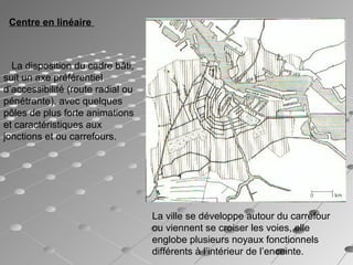 La disposition du cadre bâti,
suit un axe préférentiel
d’accessibilité (route radial ou
pénétrante), avec quelques
pôles de plus forte animations
et caractéristiques aux
jonctions et ou carrefours.
La ville se développe autour du carrefour
ou viennent se croiser les voies, elle
englobe plusieurs noyaux fonctionnels
différents à l’intérieur de l’enceinte.
Centre en linéaire
 