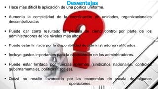Desventajas

 Hace más difícil la aplicación de una política uniforme.
 Aumenta la complejidad de la coordinación de unidades, organizacionales
descentralizadas.
 Puede dar como resultado la pérdida de cierto control por parte de los
administradores de los niveles más altos.

 Puede estar limitada por la disponibilidad de administradores calificados.
 Incluye gastos importantes para la capacitación de los administradores.

 Puede estar limitada por fuerzas externas (sindicatos nacionales, controles
gubernamentales, políticas fiscales).
 Quizá no resulte favorecida por las economías de escala de algunas
operaciones.

 