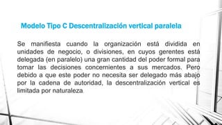 Modelo Tipo C Descentralización vertical paralela
Se manifiesta cuando la organización está dividida en
unidades de negocio, o divisiones, en cuyos gerentes está
delegada (en paralelo) una gran cantidad del poder formal para
tomar las decisiones concernientes a sus mercados. Pero
debido a que este poder no necesita ser delegado más abajo
por la cadena de autoridad, la descentralización vertical es
limitada por naturaleza.

 