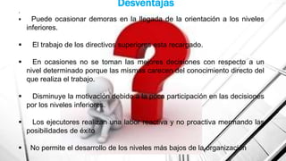 Desventajas
.




Puede ocasionar demoras en la llegada de la orientación a los niveles
inferiores.
El trabajo de los directivos superiores esta recargado.



En ocasiones no se toman las mejores decisiones con respecto a un
nivel determinado porque las mismas carecen del conocimiento directo del
que realiza el trabajo.



Disminuye la motivación debido a la poca participación en las decisiones
por los niveles inferiores.



Los ejecutores realizan una labor reactiva y no proactiva mermando las
posibilidades de éxito



No permite el desarrollo de los niveles más bajos de la organización

 