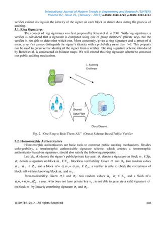 International Journal of Modern Trends in Engineering and Research (IJMTER)
Volume 02, Issue 01, [January - 2015] e-ISSN: 2349-9745, p-ISSN: 2393-8161
@IJMTER-2014, All rights Reserved 430
verifier cannot distinguish the identity of the signer on each block in shared data during the process of
auditing.
5.1. Ring Signatures
The concept of ring signatures was first proposed by Rivest et al. in 2001. With ring signatures, a
verifier is convinced that a signature is computed using one of group members’ private keys, but the
verifier is not able to determine which one. More concretely, given a ring signature and a group of d
users, a verifier cannot distinguish the signer’s identity with a probability more than 1=d. This property
can be used to preserve the identity of the signer from a verifier. The ring signature scheme introduced
by Boneh et al. is constructed on bilinear maps. We will extend this ring signature scheme to construct
our public auditing mechanism.
Fig. 2. “One Ring to Rule Them All.” (Oruta) Scheme Based Public Verifier
5.2. Homomorphic Authenticators
Homomorphic authenticators are basic tools to construct public auditing mechanisms. Besides
unforgeability, a homomorphic authenticable signature scheme, which denotes a homomorphic
authenticator based on signatures, should also satisfy the following properties:
Let (pk, sk) denote the signer’s public/private key pair, 1σ denote a signature on block m1 € Zp,
2σ denote a signature on block m 2 € Z p . Blockless verifiability: Given 1σ and 2σ , two random values
α 1 , α 2 ε Z p and a block m’= 1α m1 + 2α m 2 € Z p , a verifier is able to check the correctness of
block m0 without knowing block m1 and m2 .
Non-malleability: Given 1σ 1 and 2σ , two random values 1α , 2α € Z p and a block m’=
,2211 pZmm εαα ε+ a user, who does not have private key s k , is not able to generate a valid signature '
σ
on block m'
by linearly combining signature 1σ and 2σ .
1. Auditing
Challenge
Cloud Server
Shared
Data Flow
 