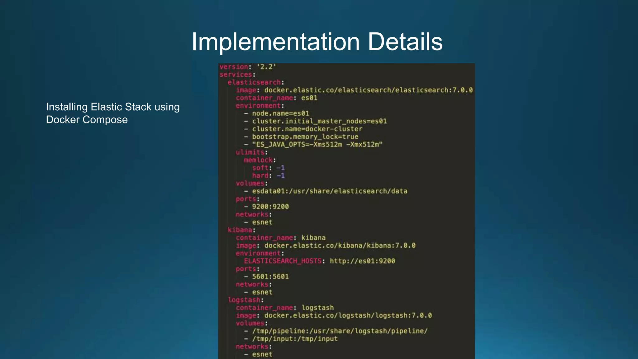 Implementation Details
Installing Elastic Stack using
Docker Compose
 
