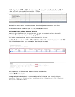 Details of posting in USRT - In USRT, the Accounts payable account is debited and the Due to USMF
(Credit account in intercompany setup) account is credited.
View subledger journal Transaction origin Transactions Audit trail Posted sales tax Original document Accounting source explorer Related vouchers All related vouchers Options P o:-
0) P O ci
Y
140001124:6/4/2021 | My view ^
Voucher transactions
Overview General
v' Journal number Voucher Date T Year ctosec Ledger account Account name Description Currency Amou nt in tran... Amount Posting type Posting layer
033297 1400011246/4/2021 231365- Intercompany Payable - USMF/,.. USD -2.500,00 2,500,00 Intercompany settlement Current
| 033297 | 140001124
6/4/2021 200100- Accounts Payable - Domestic USD 2,500,00 2,500,00 Intercompany settlement Current
This is how you make vendor payments on behalf of several legal entities from one legal entity.
In the following section I have described the Customer payment process.
Centralized payments process - Customer payments
To process centralized payments for customers you will have to navigate to Accounts receivable>
Payments> Customer payment journal in company USMF.
Click New to create a customer payment journal and then click on Lines.
Select the Customer account and then click on Settle transactions. The customer invoices from both USSI
and USRT will be available so you can mark and settle the ones you want.
You can then post the payment after selecting the right offset account.
Customer Settlement Inquiry
To view the settled transactions for a customer across all the companies you can go to Accounts
receivables> Customers> All customers and select the customer. In the action pane click on Customer>
Transactions> Global transactions.
 
