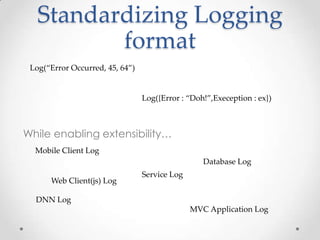 Standardizing Logging
format
Log(“Error Occurred, 45, 64”)

Log({Error : “Doh!”,Exeception : ex})

While enabling extensibility…
Mobile Client Log
Database Log
Web Client(js) Log

Service Log

DNN Log
MVC Application Log

 