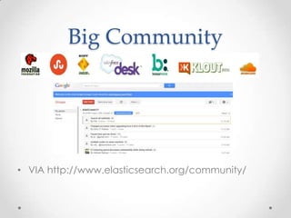 Big Community

• VIA http://www.elasticsearch.org/community/

 